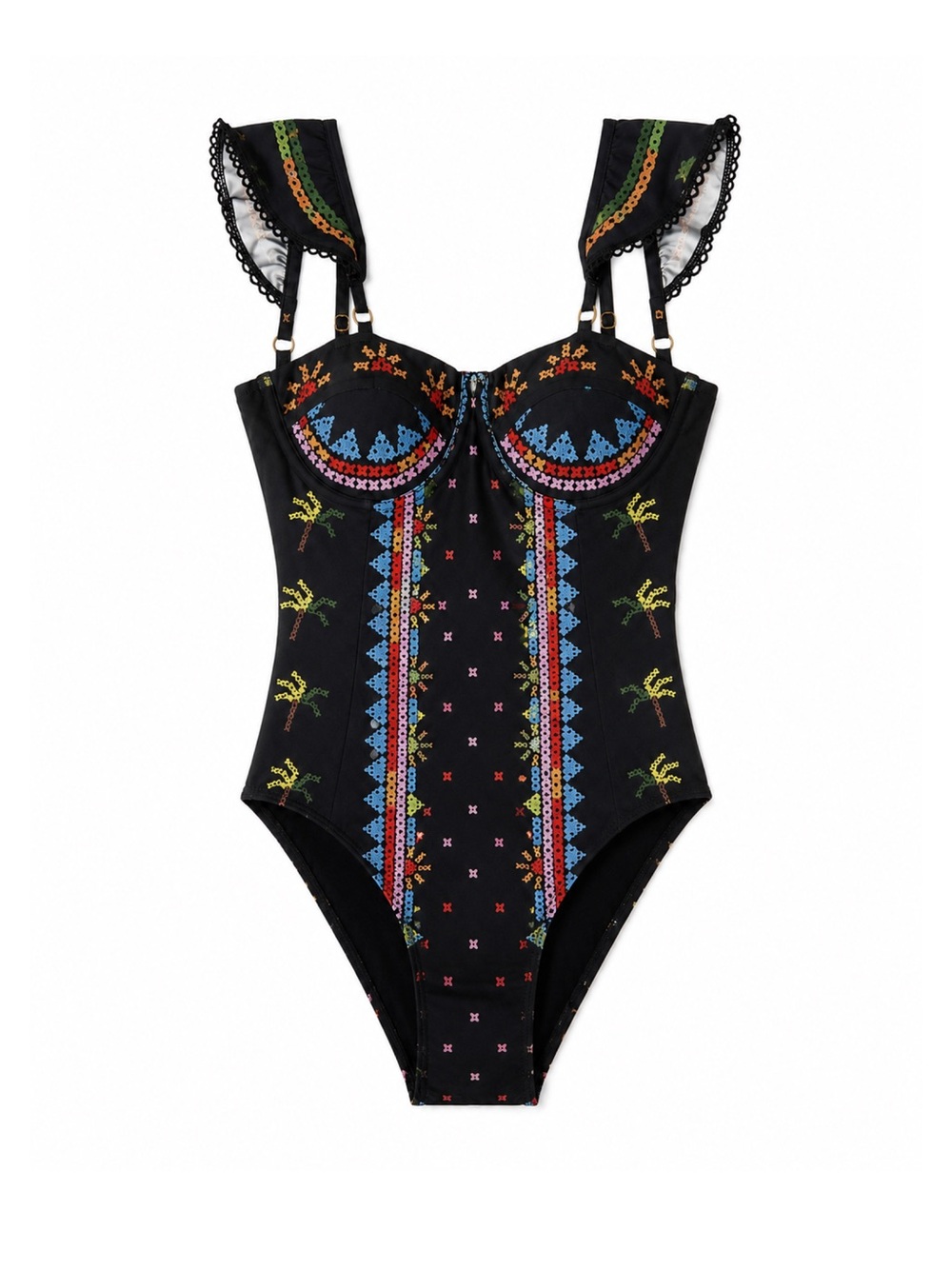 Farm Rio x Anthropologie Geo Printed One-Piece Swimsuit Ruffle
